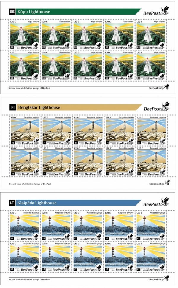 Finland Estonia Lithuania 2023 Famous lighthouses of the Baltic Beepost definitives set of 3 sheetlets MNH