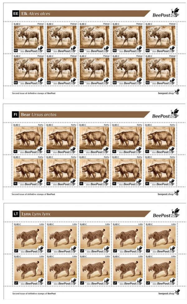 Finland Estonia Lithuania 2023 Forest animals Bear Elk Lynx Beepost definitives set of 3 sheetlets MNH