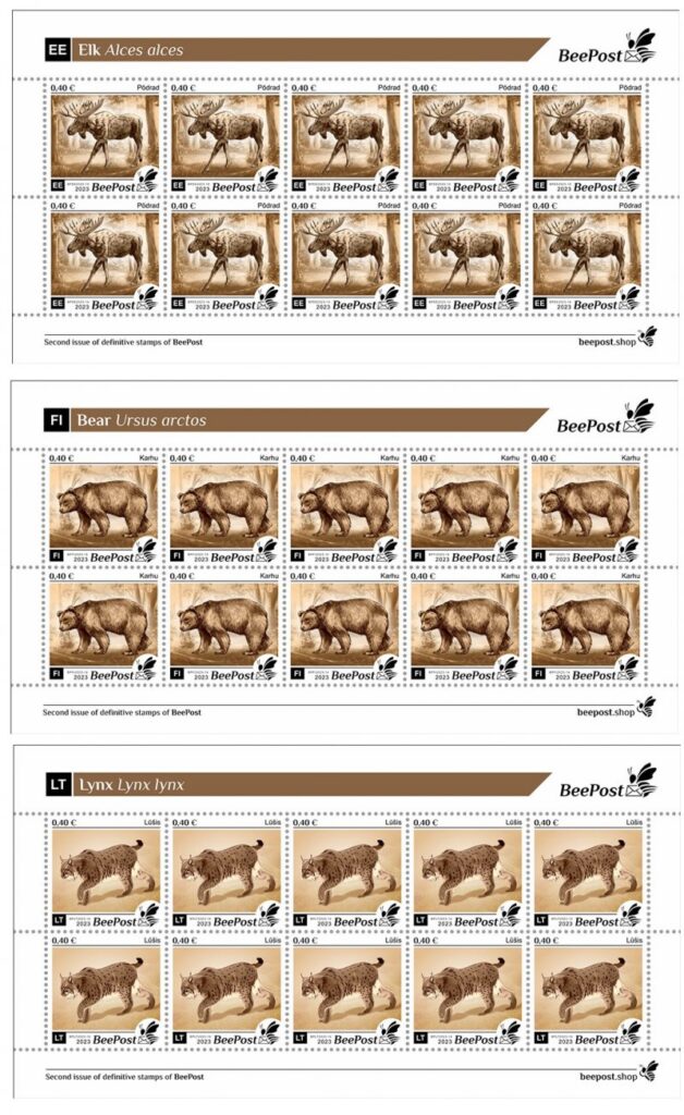 Finland Estonia Lithuania 2023 Forest animals Bear Elk Lynx Beepost definitives set of 3 sheetlets MNH