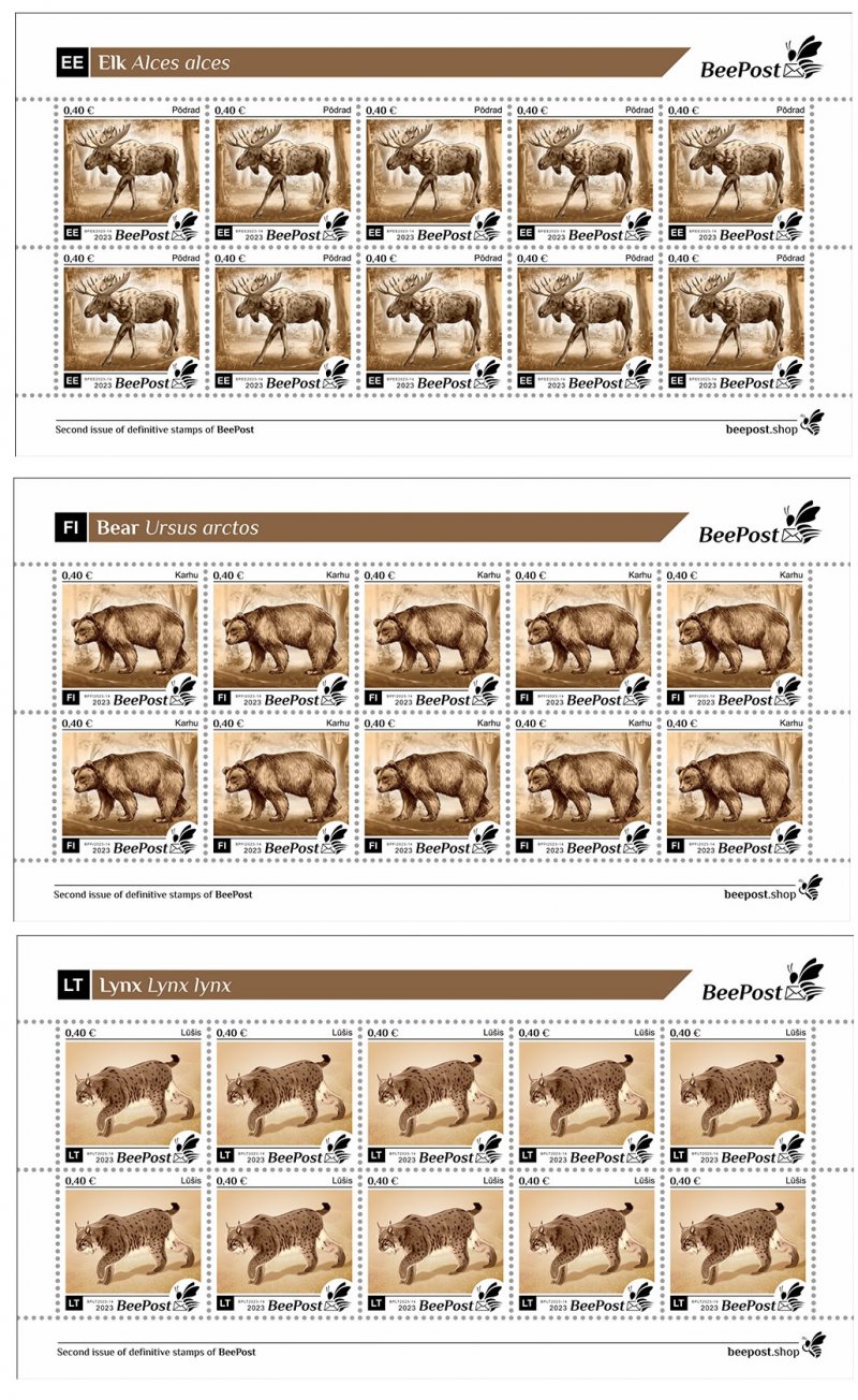 Finland Estonia Lithuania 2023 Forest animals Bear Elk Lynx Beepost definitives set of 3 sheetlets MNH - Image 1