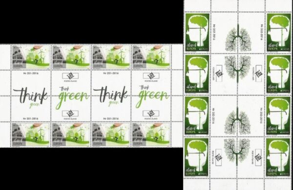 Aland Islands Åland Finland 2016 Europa CEPT Think Green set of 2 blocks of 8 stamps and labels each MNH
