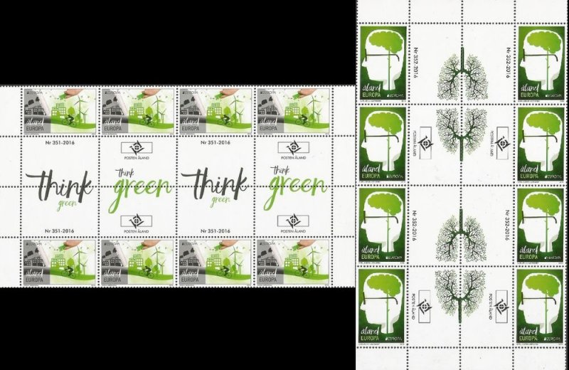 Aland Islands Åland Finland 2016 Europa CEPT Think Green set of 2 blocks of 8 stamps and labels each MNH - Image 1