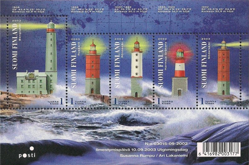 Finland 2003 Lighthouses of Finnish gulf Baltic set of 5 stamps in block MNH - Image 1