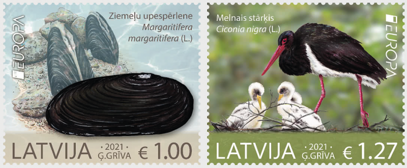 Latvia Lettland Lettonie 2021 Europa CEPT Rare fauna Black stork shells set of 2 stamps MNH - Image 1