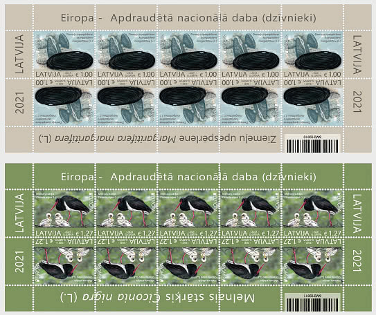 Latvia Lettland Lettonie 2021 Europa CEPT Rare fauna Black stork shells set of 2 sheetlets MNH