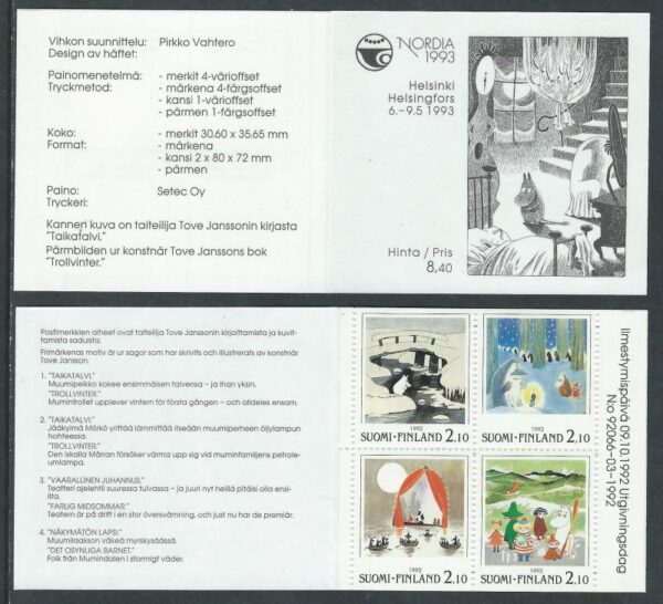 Finland Finnland Finlande 1992 Moomins Tove Jansson Int Exhibition NORDICA block in booklet MNH
