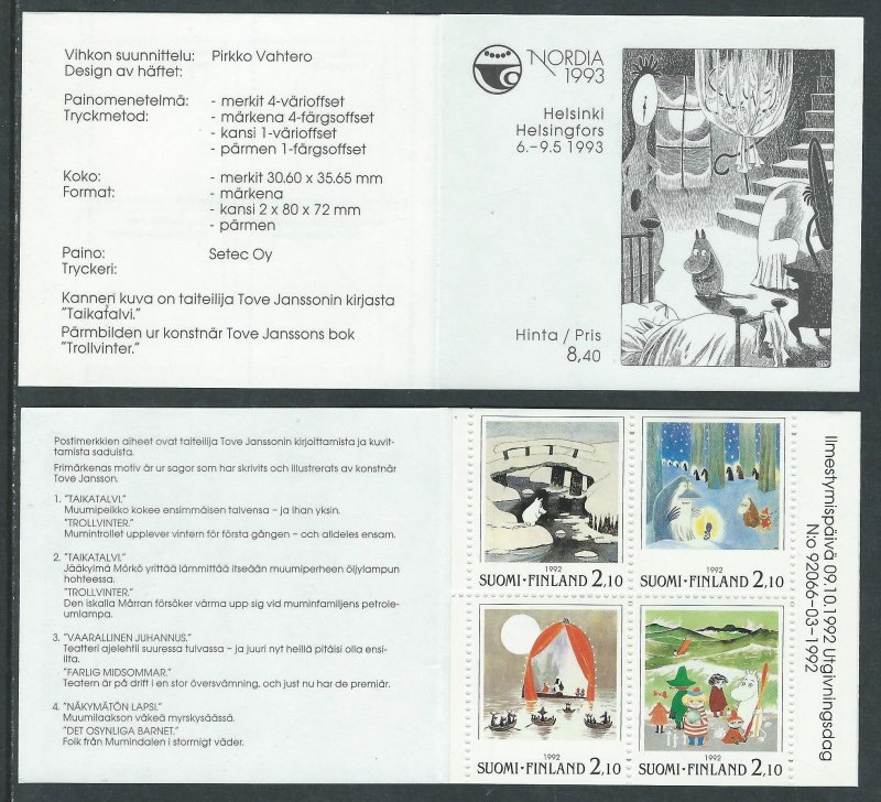 Finland Finnland Finlande 1992 Moomins Tove Jansson Int Exhibition NORDICA block in booklet MNH - Image 1