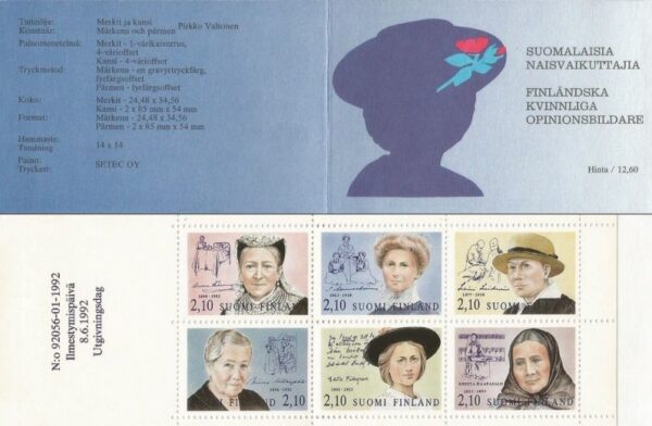 Finland Finnland Finlande 1992 Famous women set of 6 stamps in block in booklet MNH