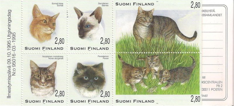 Finland Finnland Finlande 1995 Domestic cats set of 6 stamps in block in booklet MNH - Image 1