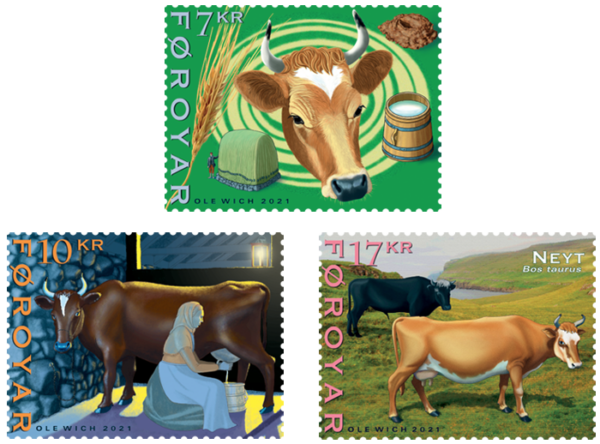 Faroe Islands Denmark 2021 Livestock in Faroe Cattle Cows set of 3 stamps MNH