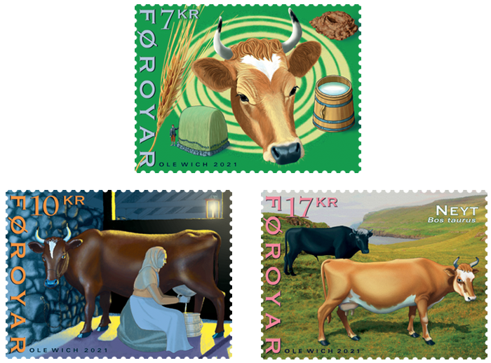 Faroe Islands Denmark 2021 Livestock in Faroe Cattle Cows set of 3 stamps MNH - Image 1