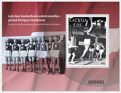 Latvia Lettland Lettonie 2023 The legends of Latvian sports Basketball team block mint