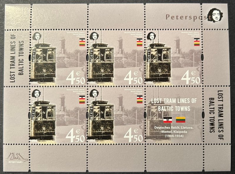 Finland Finnland Finlande 2020 Lost tram lines of Baltic towns Klaipeda Memel Lighthouse 1904-34 Peterspost sheetlet of 5 stamps and label mint - Image 1