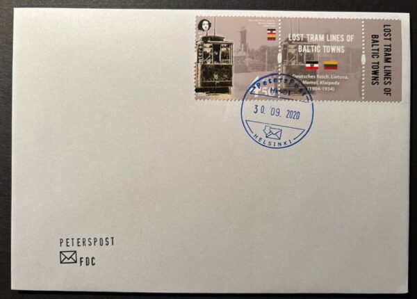 Finland Finnland Finlande 2020 Lost tram lines of Baltic towns Klaipeda Memel Lighthouse 1904-34 Peterspost FDC of stamp with label