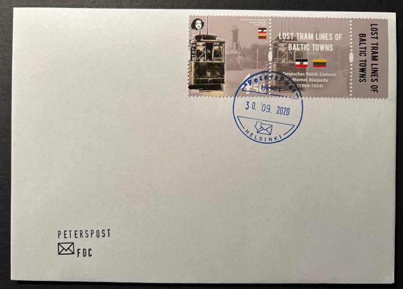 Finland Finnland Finlande 2020 Lost tram lines of Baltic towns Klaipeda Memel Lighthouse 1904-34 Peterspost FDC of stamp with label - Image 1
