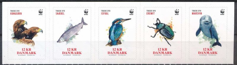 Denmark Danemark Danmark 2022 WWF The rarest species of protected fauna strip of 5 stamps MNH - Image 1