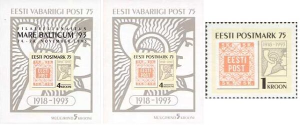 Estonia Estland Estonie 1993 First Estonian Stamps 75 ann Philatelic Exhibition 'Mare Balticum'93' full set of 2 Blocks and stamp MNH