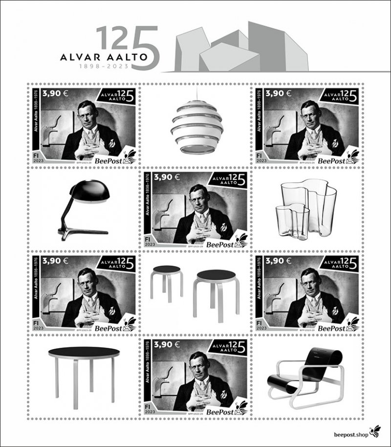Finland Finnland Finlande 2023 Alvar Aalto architect designer 125 ann BeePost sheetlet with labels MNH - Image 1