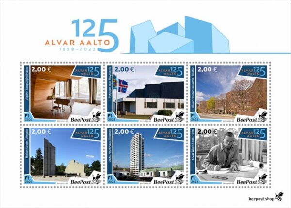 Finland Finnland Finlande 2023 Alvar Aalto architect designer 125 ann USA Germany Italy Iceland BeePost set of 6 stamps in white block MNH