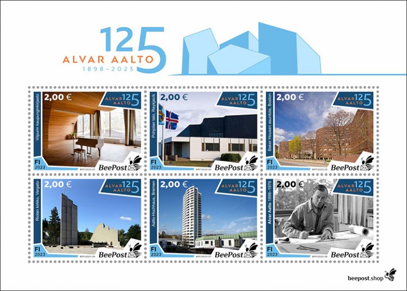 Finland Finnland Finlande 2023 Alvar Aalto architect designer 125 ann USA Germany Italy Iceland BeePost set of 6 stamps in white block MNH - Image 1