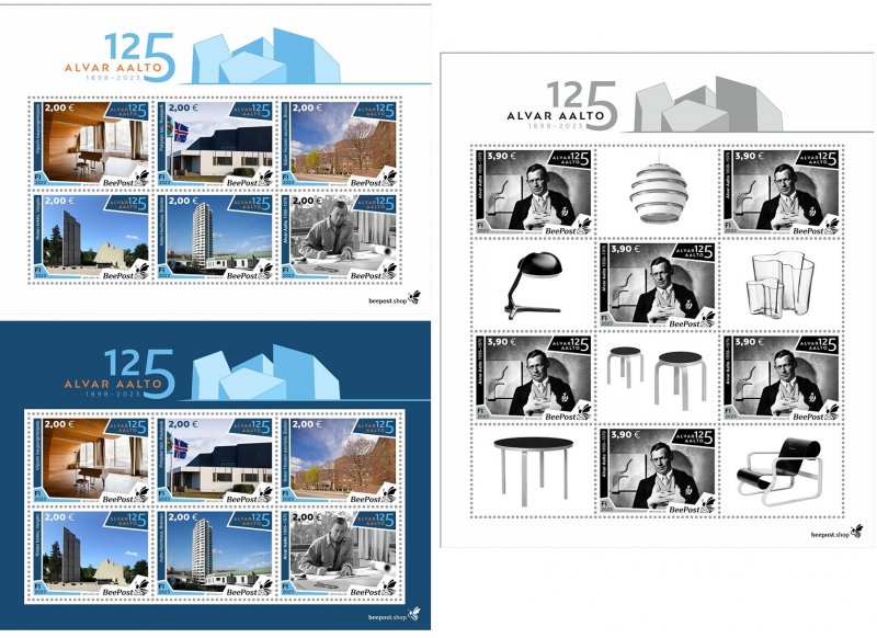 Finland Finnland Finlande 2023 Alvar Aalto architect designer 125 ann USA Germany Italy Iceland BeePost full set of 2 block's and sheetlet MNH - Image 1