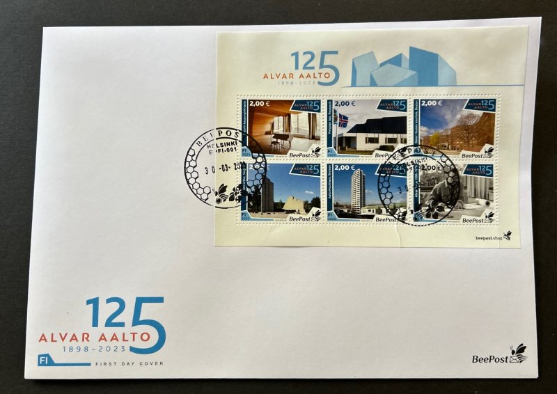 Finland Finnland Finlande 2023 Alvar Aalto architect designer 125 ann USA Germany Italy Iceland BeePost white block FDC - Image 1