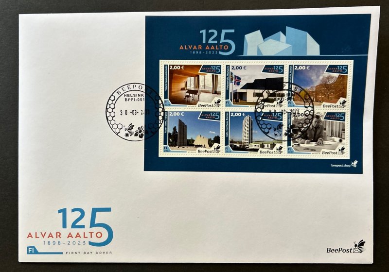 Finland Finnland Finlande 2023 Alvar Aalto architect designer 125 ann USA Germany Italy Iceland BeePost blue block FDC - Image 1