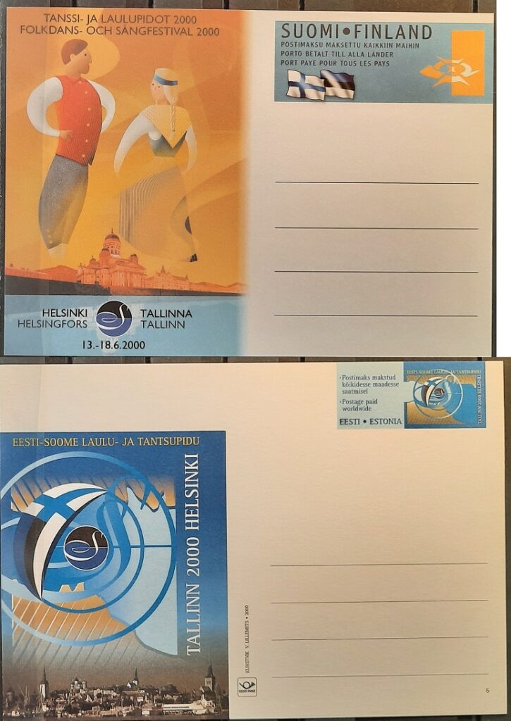 Finland Estonia 2000 Song and Dance Festival joint issue set of 2 postcards with original stamps **