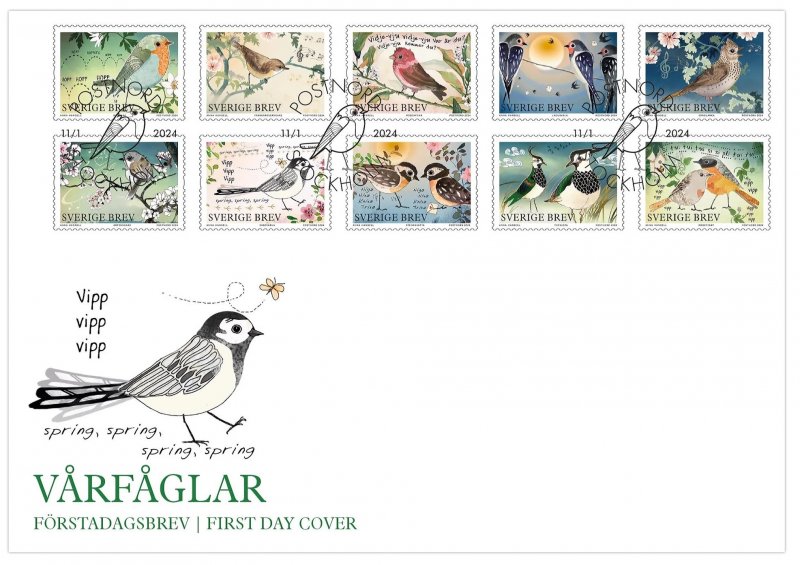 Sweden Suède Suède 2024 Spring birds set of 10 stamps FDC - Image 1