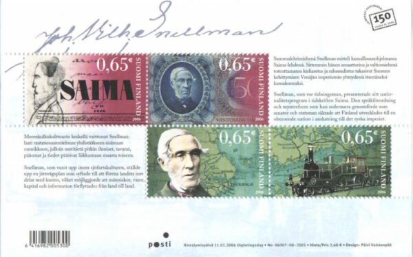 Finland Finnland Finlande 2006 Snellmann 200 ann Locomotive Politician Banknote map writer set of 4 stamps in block **