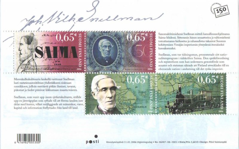 Finland Finnland Finlande 2006 Snellmann 200 ann Locomotive Politician Banknote map writer set of 4 stamps in block ** - Image 1