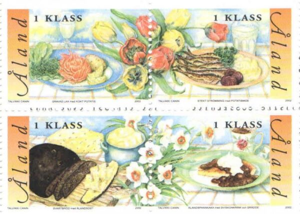 Aland islands Åland Finland 2002 Gastronomy local food set of 4 stamps in block 2x2 MNH