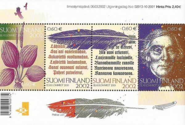 Finland Finnland Finlande 2002 Elias Lönnrot 200 ann Kalevala Lonnrot set of 4 stamps in block MNH