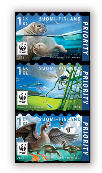 Finland 2016 WWF Rarest fauna seals geese dragonflies set of 3 stamps in strip MNH