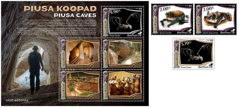 Estonia Estland Estonie 2024 Visit Estonia Piusa caves Bats Geology BeePost set of 3 stamps and block MNH - Image 1