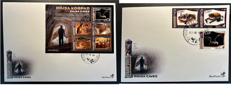 Estonia Estland Estonie 2024 Visit Estonia Piusa caves Bats Geology BeePost FDC set and block - Image 1