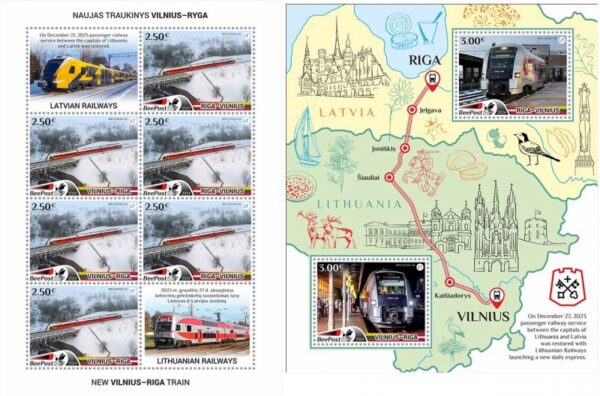 Lithuania Litauen Lituanie 2024 New train Vilnius-Riga BeePost sheetlet and block MNH