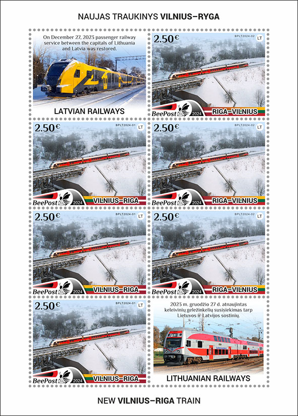 Lithuania Litauen Lituanie 2024 New train Vilnius-Riga BeePost sheetlet with labels MNH
