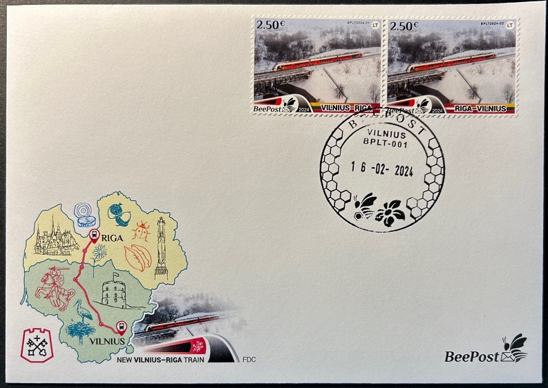 Lithuania Litauen Lituanie 2024 New train Vilnius-Riga BeePost strip of 2 stamps FDC - Image 1