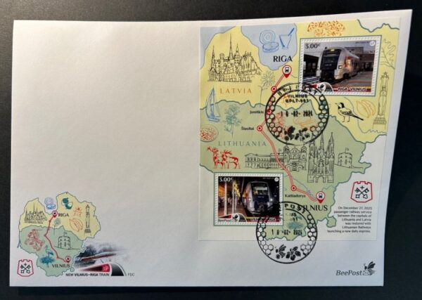Lithuania Litauen Lituanie 2024 New train Vilnius-Riga BeePost block FDC