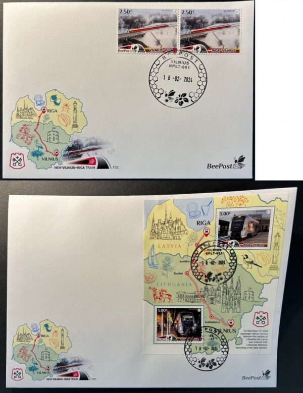 Lithuania Litauen Lituanie 2024 New train Vilnius-Riga BeePost set and block FDC's