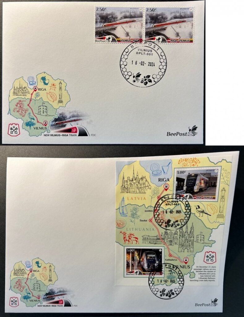 Lithuania Litauen Lituanie 2024 New train Vilnius-Riga BeePost set and block FDC's