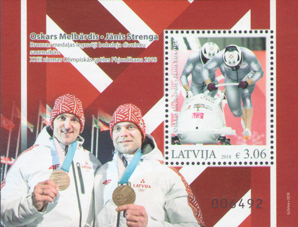 Latvia Lettland Lettonie 2018 Pyeongchang Olympic Bobsleigh champions Olympics block MNH - Image 1