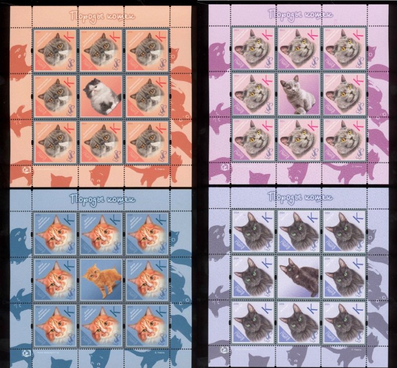 Russian occupation of Moldova (Transnistria) 2024 Cats domestic breeds set of 4 perforated sheetlets MNH - Image 1