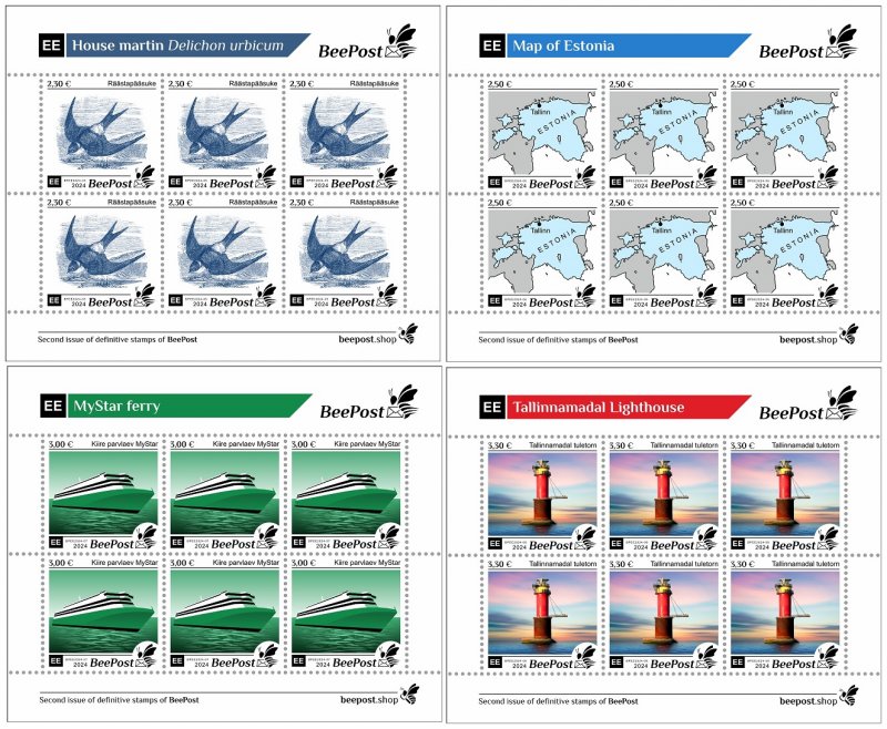 Estonia Estland Estonie 2024 Definitives Birds Map Ship Lighthouse BeePost set of 4 sheetlets MNH - Image 1