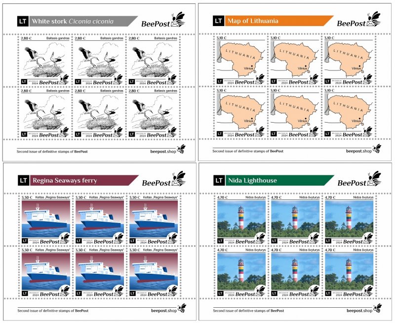Lithuania Litauen Lituanie 2024 Definitives Birds Map Ship Lighthouse BeePost set of 4 sheetlets MNH - Image 1