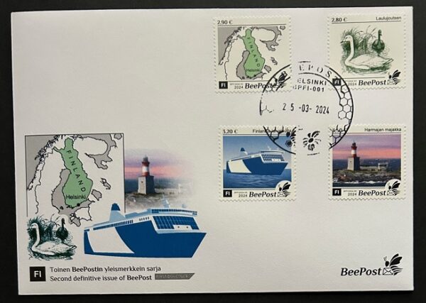 Finland Finnland Finlande 2024 Definitives Birds Map Ship Lighthouse BeePost set of 4 stamps FDC