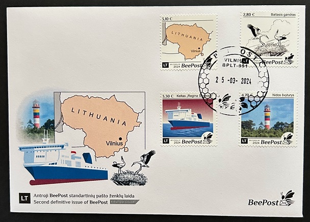 Lithuania Litauen Lituanie 2024 Definitives Birds Map Ship Lighthouse BeePost set of 4 stamps FDC - Image 1
