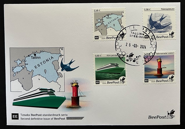 Estonia Estland Estonie 2024 Definitives Birds Map Ship Lighthouse BeePost set of 4 stamps FDC - Image 1