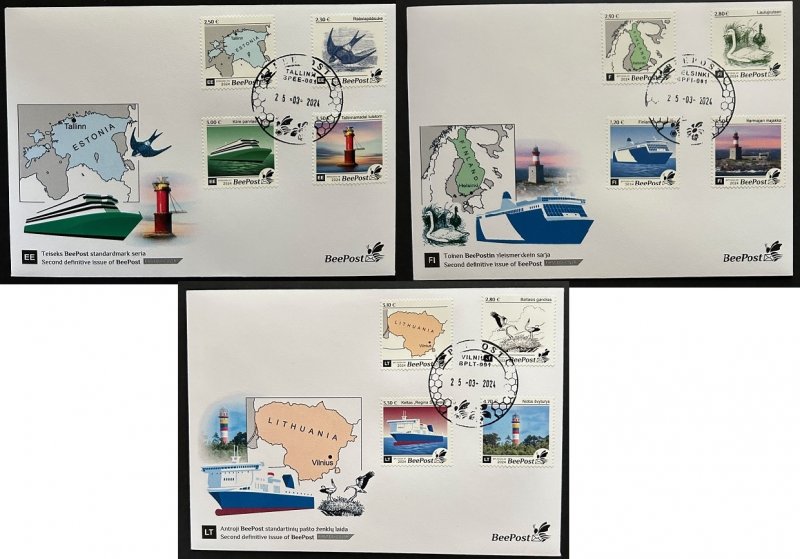 Estonia Finland Lithuania 2024 BeePost Definitives Birds Map Ship Lighthouse full set of 3 FDC - Image 1